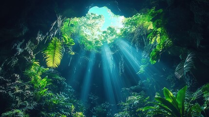 Obraz premium Mysterious cave entrance surrounded by dense vegetation 