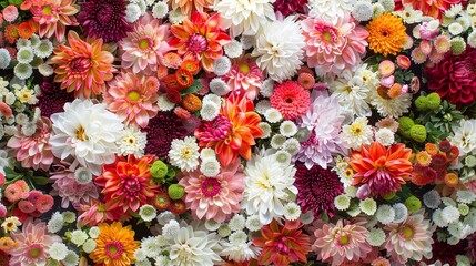 Handcrafted chrysanthemum flower wall background &ndash; stunning red, orange, pink, purple, green & white blooms for elegant wedding decor