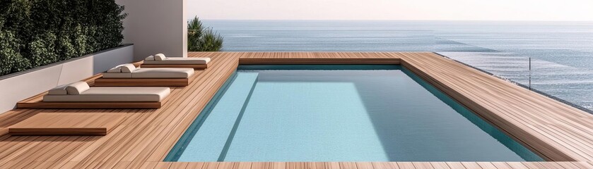 Obraz premium Minimalist poolside deck with sleek wooden planks and geometric layout
