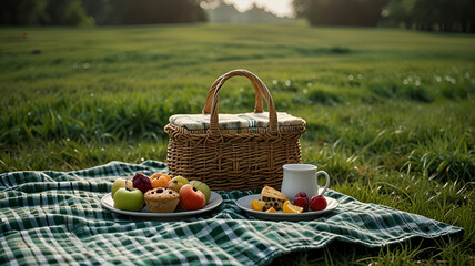 picnic basket with apples and flowers