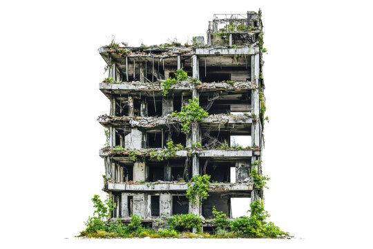 Abandoned building with overgrown vegetation, showcasing decay and nature reclamation. striking contrast between man made structure and natural growth