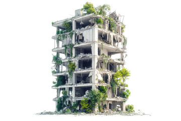 dilapidated building overtaken by greenery, showcasing nature reclaiming urban space. structure is partially collapsed, with plants growing through cracks