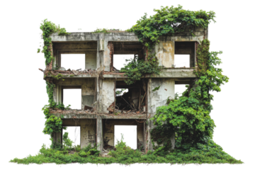dilapidated building overgrown with lush green vines and foliage, showcasing nature reclaiming urban space. structure has broken windows and crumbling walls, evoking sense of abandonment and decay