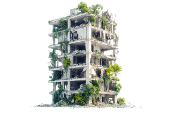 dilapidated building overtaken by greenery, showcasing nature reclaiming urban space. structure is partially collapsed, with plants growing through cracks