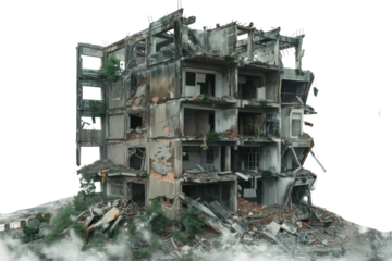 dilapidated building with crumbling walls and debris, showcasing urban decay and neglect. structure is partially collapsed, surrounded by rubble and overgrown vegetation, evoking sense of