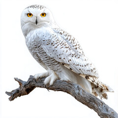 Snowy owl perched on branch with bright yellow eyes