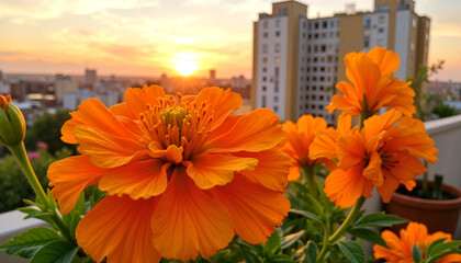 Screensaver. Vibrant orange marigold flowers glowing at sunset on balcony, beauty