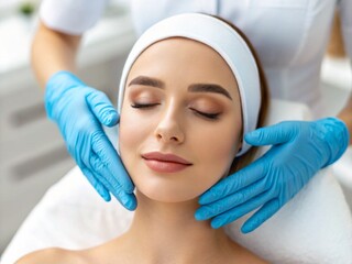A close up of a woman receiving a professional facial treatment from a specialist wearing blue gloves in a medical aesthetic clinic  
