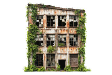 abandoned building covered in green vines, showcasing decay and nature reclamation. structure features broken windows and rusted metal, evoking sense of nostalgia and history