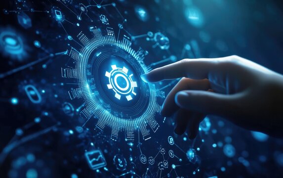 Digital settings, hand interaction, futuristic interface, network background, tech support - Powered by Adobe