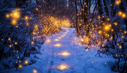 Enchanting snow path, winter forest, magical lights, fairytale scene, holiday card