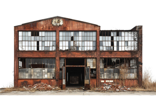 abandoned industrial building with rusted exterior and broken windows, showcasing decay and neglect. structure has clock on top and overgrown vegetation around it