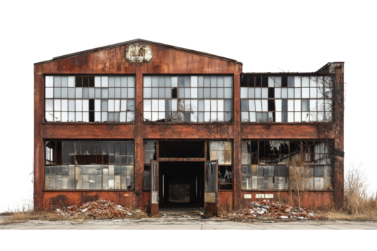 abandoned industrial building with rusted exterior and broken windows, showcasing decay and neglect. structure has clock on top and overgrown vegetation around it