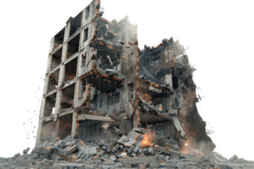 Destruction of building with debris and rubble scattered around, showcasing aftermath of disaster. scene evokes sense of chaos and devastation