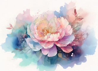 A delicate flower in full bloom, painted with soft watercolor hues, stands out against a dreamy, blurred background of pastel shades.