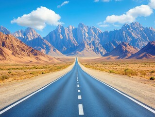 Fototapeta premium Scenic desert highway leading to majestic mountain range under a bright blue sky with fluffy clouds