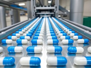 Obraz premium A close up view of blue and white capsules moving along a conveyor belt in a pharmaceutical production facility representing drug manufacturing and healthcare industry 