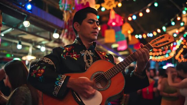 A vibrant night scene of a mariachi musician playing a guitar, surrounded by festive lights and colorful decorations.