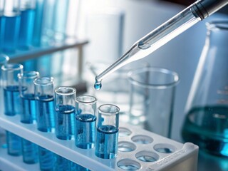 Close up of a pipette dropping blue liquid into test tubes in a laboratory representing scientific research medical testing and biotechnology  
