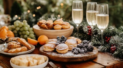 Festive Holiday Celebration with Champagne Flutes and Delicious Pastries on Wooden Table Setting
