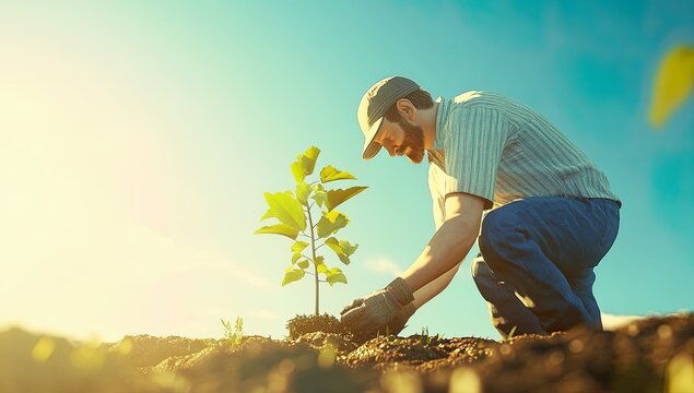 Arbor Day,Farmer Planting Trees in Field, Clear Blue Sky, Sunlight Shining, Warm Color Tone, Simple and Cute Illustration Style, Soft Lighting and Shadows,