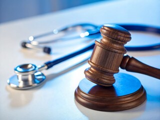 A wooden gavel placed beside a stethoscope on a white background representing medical law justice and healthcare regulations in legal practice  
