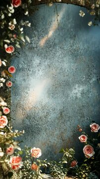 Roses frame rustic wall backdrop; sunlight