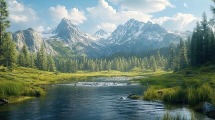 Fototapeta premium Hidden valley with a sparkling river and dramatic mountain backdrop 