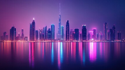 Obraz premium Vibrant city skyline at night with reflections.