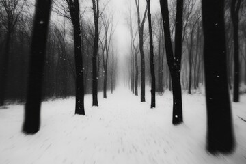 Fototapeta premium Ethereal winter landscape with snow falling in a serene forest of bare trees in black and white creating a peaceful and tranquil scene
