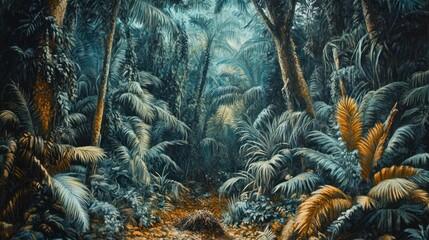 Lush jungle scene features dense tropical vegetation and towering trees