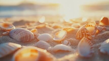 Seashells lie scattered on sandy beach at sunset