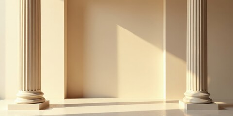 Obraz premium Serene Sunlight Illuminates Classical Columns in a Minimalist Interior Space