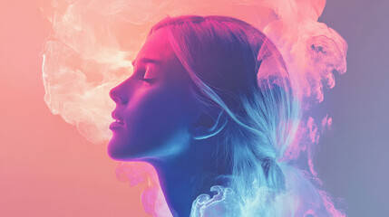 Surreal portrait of a woman dissolving into ethereal smoke with soft pink and blue lighting

