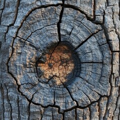 Close up of weathered tree trunk with a knot showcasing intricate patterns and textures in the wood surface