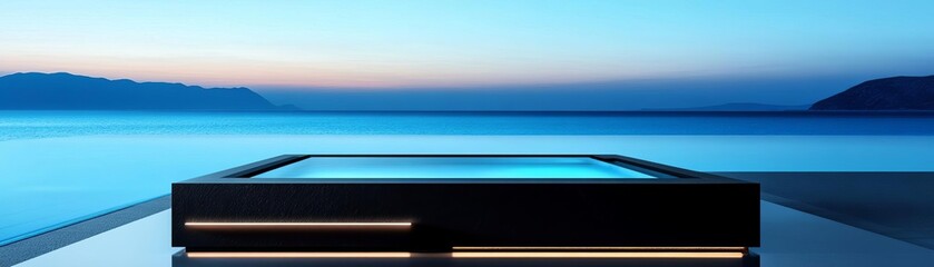 Sleek infinity spa pool with black stone finish and ambient lighting