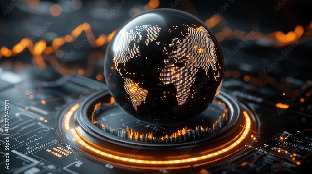 Poster illuminated holographic globe displaying financial data and analytics on abstract interface