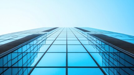 A modern skyscraper captured from a low-angle perspective against a clear blue sky. The reflective glass windows mirror the surrounding cityscape emp 2
