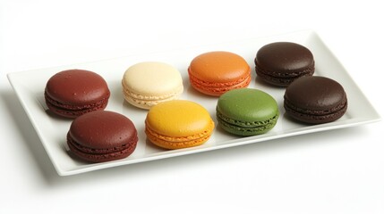 Obraz premium Eight colorful macarons are arranged on a white plate