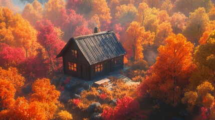 A cozy cabin nestled amidst the vibrant hues of autumn leaves in the countryside.