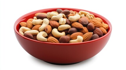 Mixed nuts in a red bowl against white background