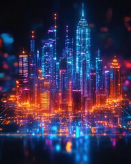 Obraz premium Futuristic city skyline with bright lights.