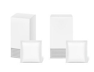 Realistic paperboard box with sachet mockup.  Front and half side views. Vector illustration isolated on white background. Ready for your design. EPS10.