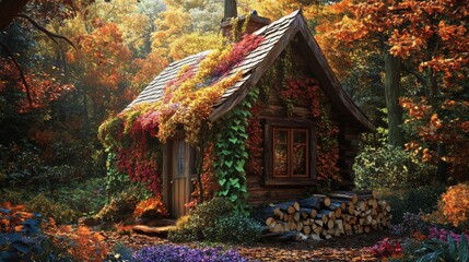Fototapeta premium A small wooden cabin nestled in a vibrant forest. Climbing plants adorn its walls, adding pops of color. Firewood rests nearby, awaiting its use in the cozy hearth within.
