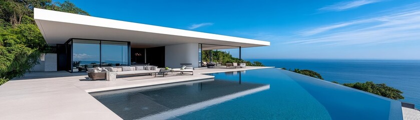 Fototapeta premium Sleek modern villa with an extended outdoor lounge area and infinity edge pool