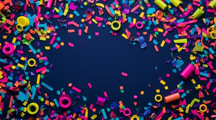 Obraz premium Colorful neon confetti of various shapes and sizes is festively scattered on a dark blue background. There's a reserved space for text on this festive neon confetti template.