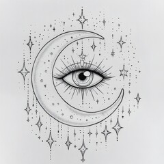 Cosmic eye within a crescent moon surrounded by stars and sparkles for mystical inspiration