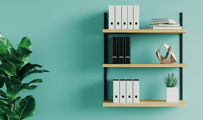 Light Wooden Office Shelf on Calming Mint Green Wall for a Serene and Stylish Workspace