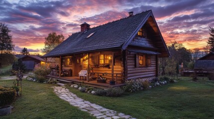 Fototapeta premium Cozy wooden cabin in the twilight, showcasing its charming exterior.