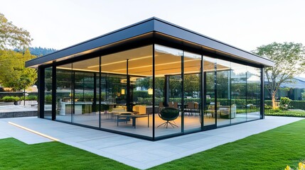 Fototapeta premium Sleek open-air pavilion with glass walls and a seamless indoor-outdoor transition